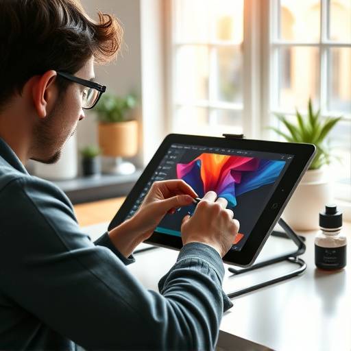 Persona trabajando en una tableta gráfica con Photoshop en un espacio de trabajo iluminado