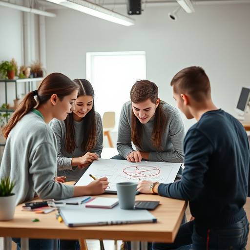 Un grupo de estudiantes colaborando en un proyecto de diseño digital, fomentando un ambiente de trabajo creativo en equipo
